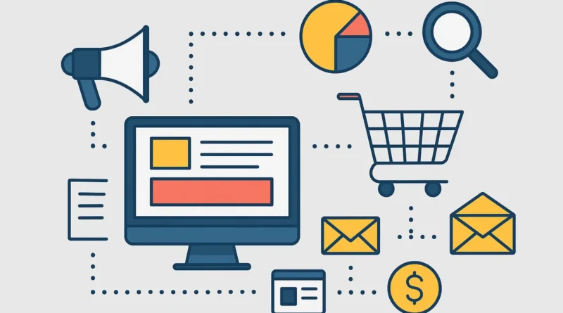 Illustration verschiedener E-Commerce- und Online-Marketing-Elemente, darunter ein Desktop-Monitor mit Webseite, Einkaufswagen, E-Mail-Symbole, Diagramm, Lupe, Megafon und Geldsymbol – alle durch gestrichelte Linien verbunden, um digitale Prozesse darzustellen. ￼