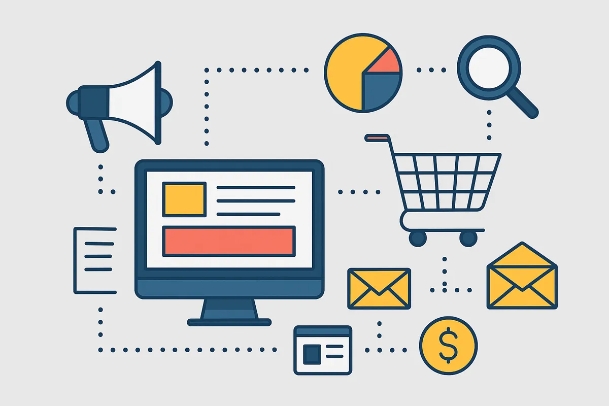 Illustration verschiedener E-Commerce- und Online-Marketing-Elemente, darunter ein Desktop-Monitor mit Webseite, Einkaufswagen, E-Mail-Symbole, Diagramm, Lupe, Megafon und Geldsymbol – alle durch gestrichelte Linien verbunden, um digitale Prozesse darzustellen. ￼