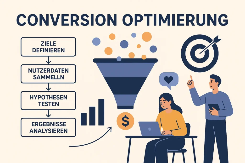 Illustration des Conversion-Optimierungsprozesses mit Trichter, Zielscheibe, Nutzerdatenanalyse und Personen, die Strategien diskutieren