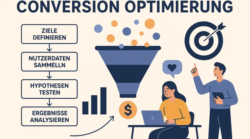 Illustration des Conversion-Optimierungsprozesses mit Trichter, Zielscheibe, Nutzerdatenanalyse und Personen, die Strategien diskutieren