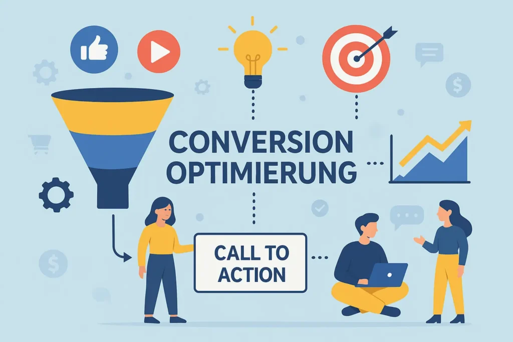 Grafische Darstellung der Conversion Optimierung mit Trichter, Call-to-Action, Zielscheibe, Aufwärtstrend und interagierenden Personen
