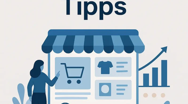 Illustration einer Frau vor einem Online-Shop-Fenster mit Einkaufstasche, Paket und wachsendem Balkendiagramm, darüber der Titel 'Onlineshop Tipps'