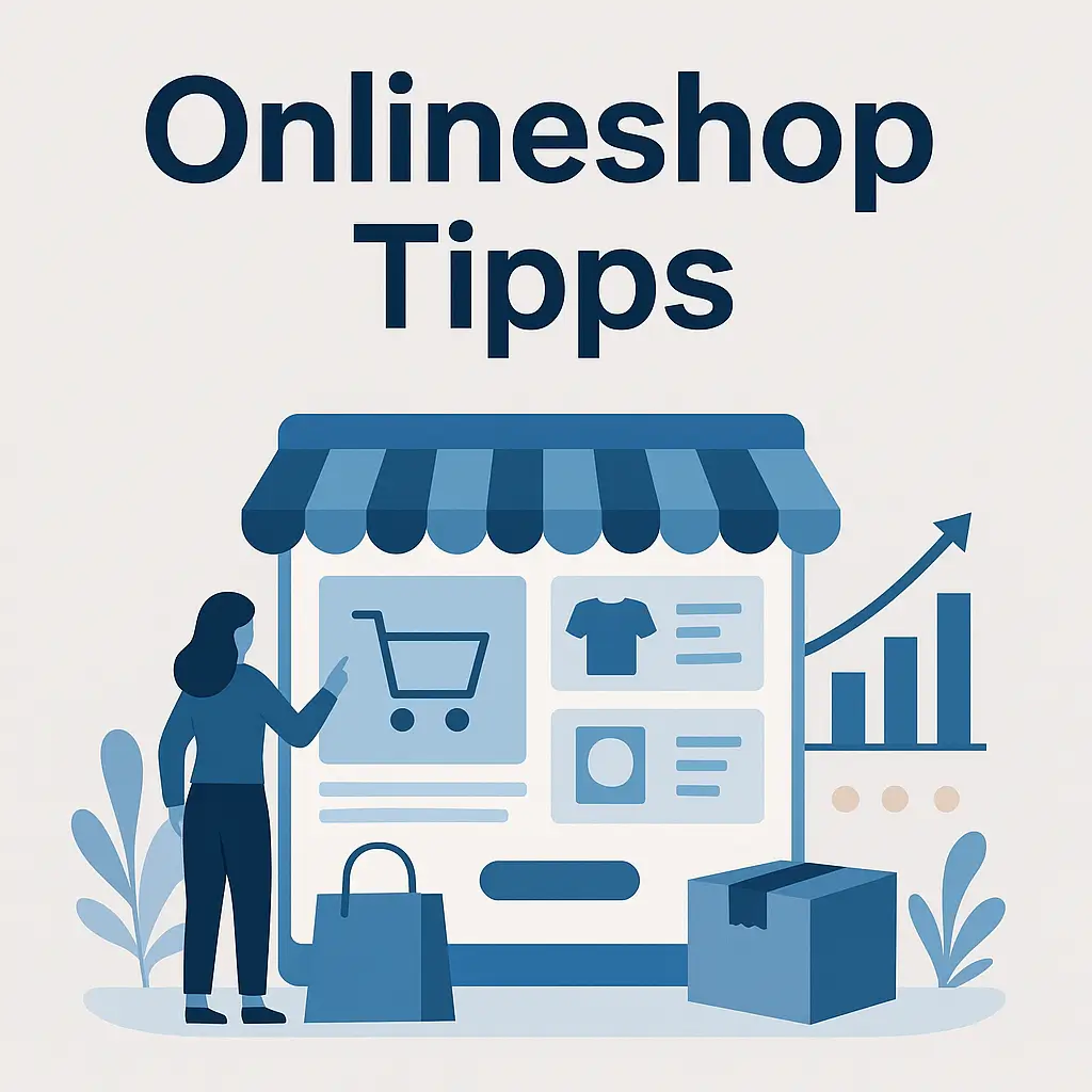 Illustration einer Frau vor einem Online-Shop-Fenster mit Einkaufstasche, Paket und wachsendem Balkendiagramm, darüber der Titel 'Onlineshop Tipps'