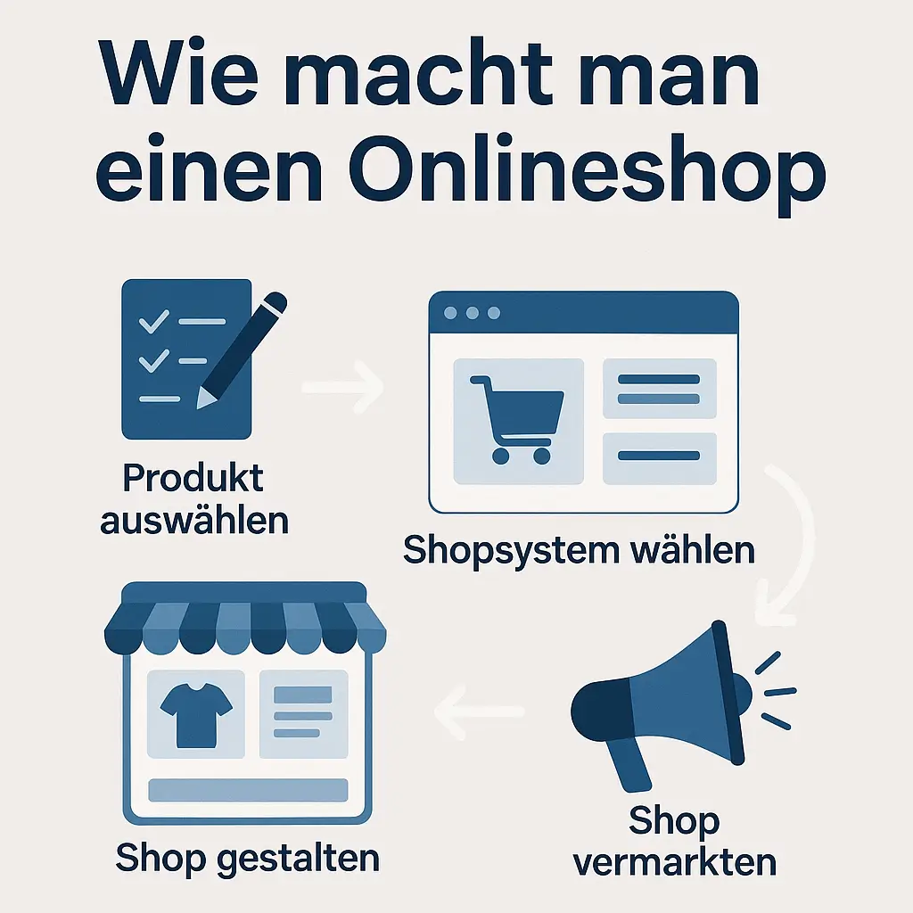 Infografik mit vier Schritten zum Erstellen eines Onlineshops: Produkt auswählen, Shopsystem wählen, Shop gestalten, Shop vermarkten