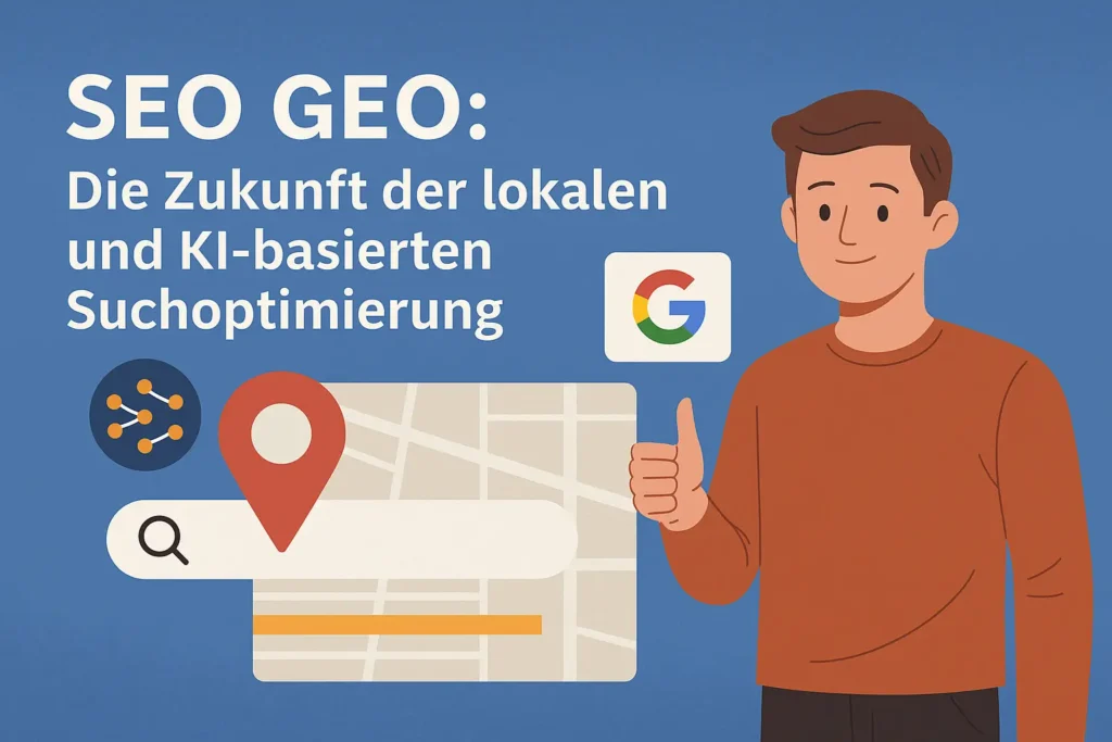 SEO GEO Illustration mit Karte, Standort-Pin, Suchleiste und KI-Symbolen – Darstellung zur lokalen SEO-Optimierung und Generative Engine Optimization
