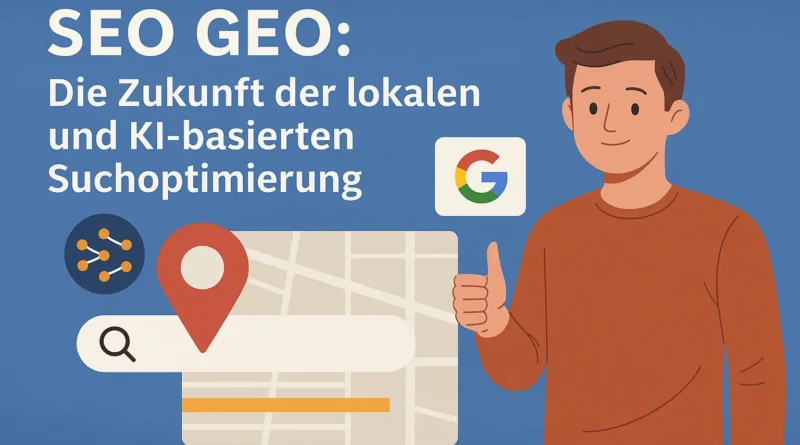 SEO GEO Illustration mit Karte, Standort-Pin, Suchleiste und KI-Symbolen – Darstellung zur lokalen SEO-Optimierung und Generative Engine Optimization