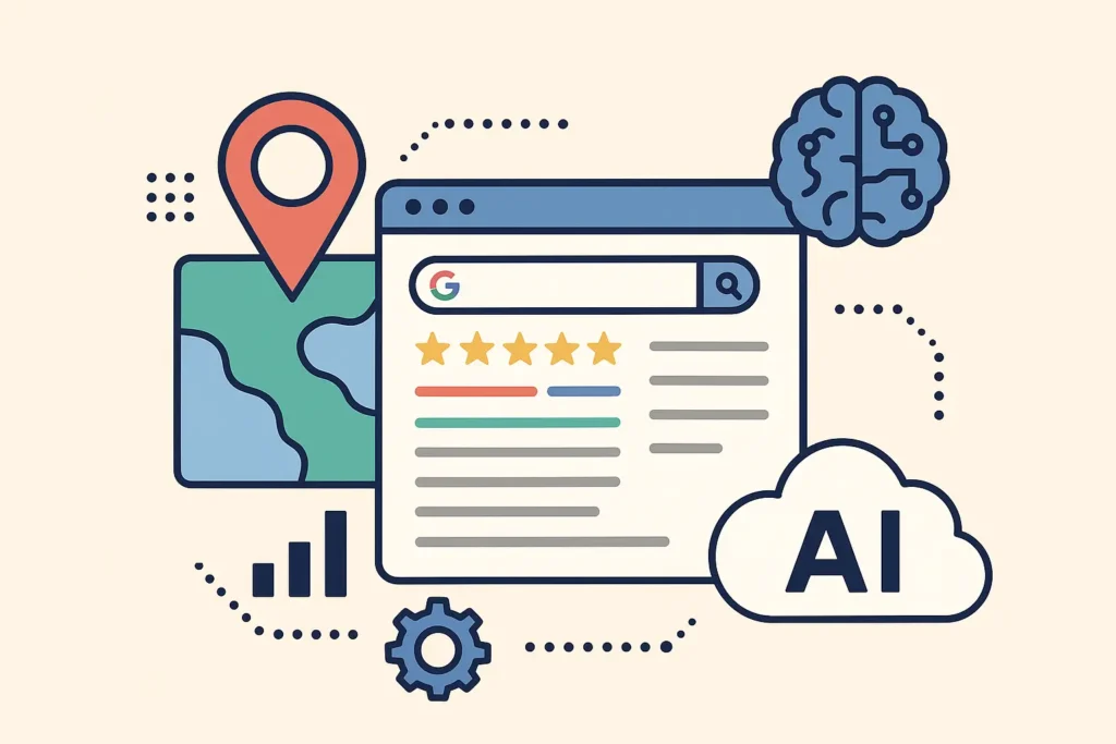 Illustration mit Google-Suchergebnisfenster, Standort-Pin, Karte, Sterne-Bewertungen und KI-Symbolen – Darstellung von GEO-SEO und lokaler Optimierung