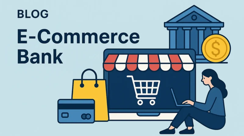 Illustration einer E-Commerce Bank: Laptop mit Einkaufswagen-Symbol, Bankgebäude, Kreditkarte, Einkaufstasche und Frau am Laptop, Blogtitel links im Bild.