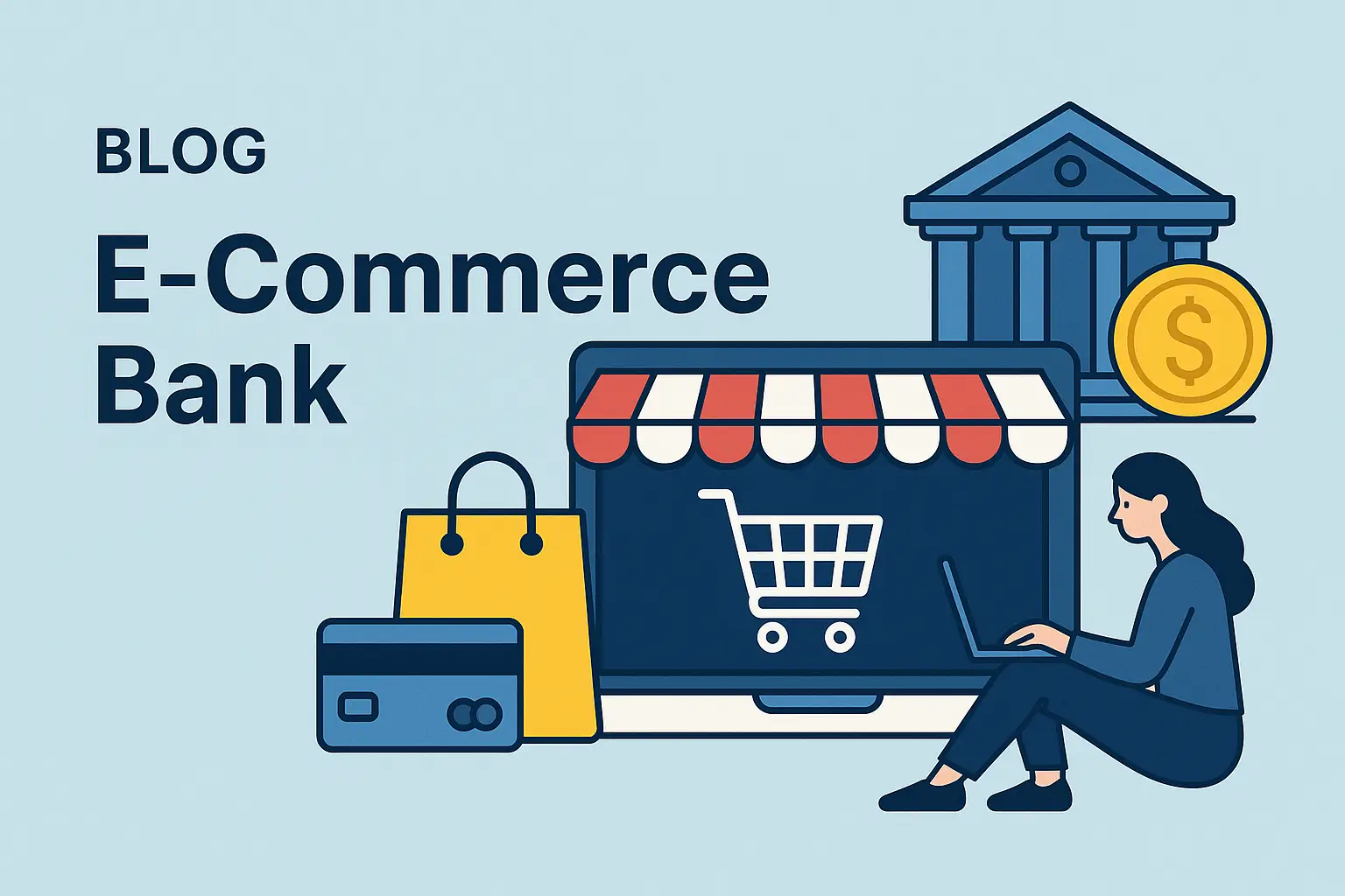 Illustration einer E-Commerce Bank: Laptop mit Einkaufswagen-Symbol, Bankgebäude, Kreditkarte, Einkaufstasche und Frau am Laptop, Blogtitel links im Bild.