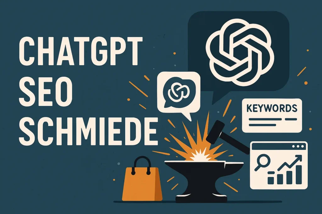 Illustration ChatGPT SEO Schmiede: Amboss mit Funken, ChatGPT-Logo, Keywords und SEO-Symbole wie Diagramm und Suche.“