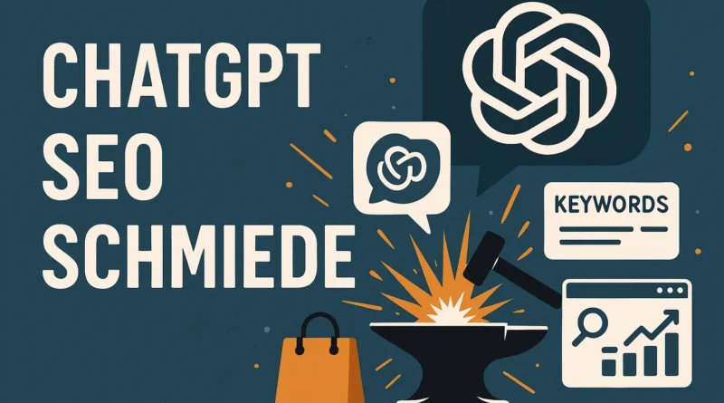Illustration ChatGPT SEO Schmiede: Amboss mit Funken, ChatGPT-Logo, Keywords und SEO-Symbole wie Diagramm und Suche.“