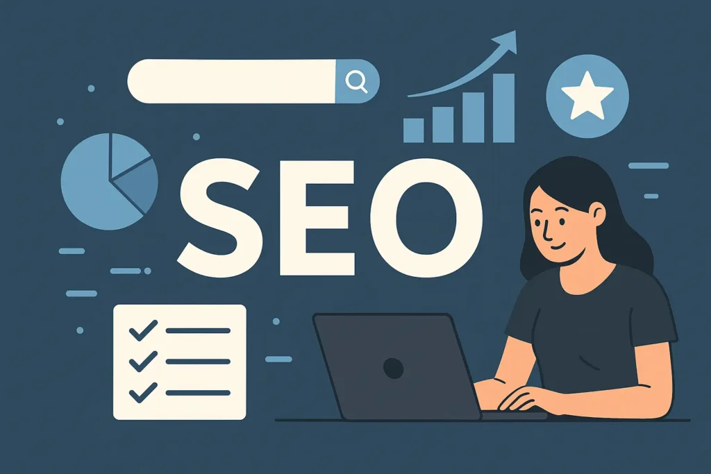 Illustration SEO: Frau arbeitet am Laptop, umgeben von Suchleiste, Diagrammen, Checkliste und SEO-Symbolen.