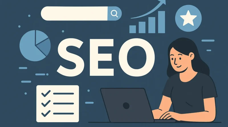Illustration SEO: Frau arbeitet am Laptop, umgeben von Suchleiste, Diagrammen, Checkliste und SEO-Symbolen.