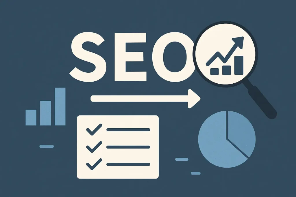 Illustration SEO: Großes SEO-Schriftzug mit Lupe, Wachstumsgrafik, Checkliste, Balkendiagramm und Kreisdiagramm.
