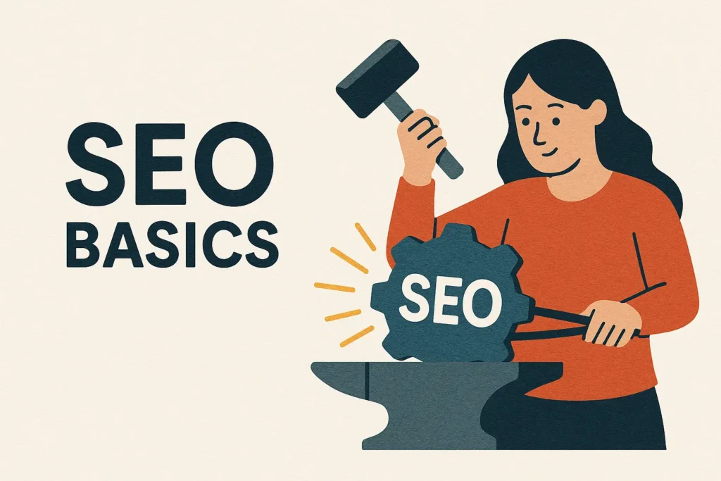 Illustration SEO Basics: Frau schlägt mit Hammer auf ein SEO-Zahnrad auf Amboss, Funken fliegen, Schriftzug SEO Basics links.