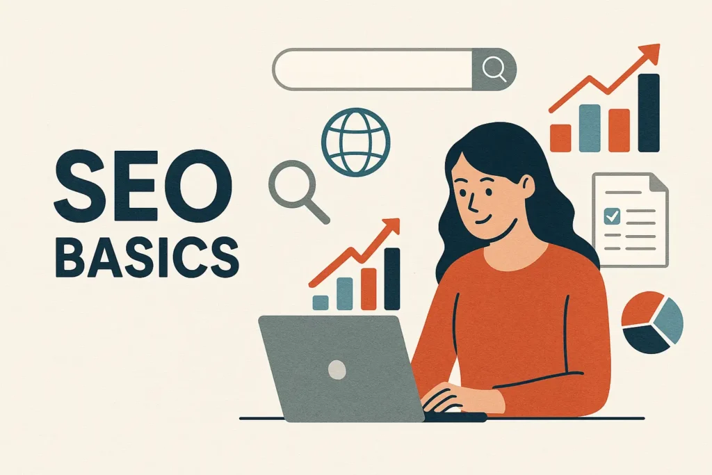 Illustration SEO Basics: Frau arbeitet am Laptop, umgeben von Suchleiste, Diagrammen, Globus, Dokument und Checkliste.