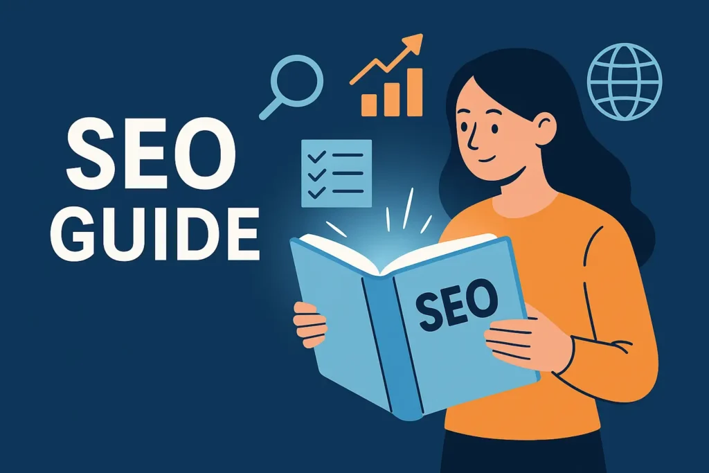 Illustration SEO Guide: Frau hält offenes SEO-Buch, umgeben von Icons wie Lupe, Diagramm, Checkliste und Globus.