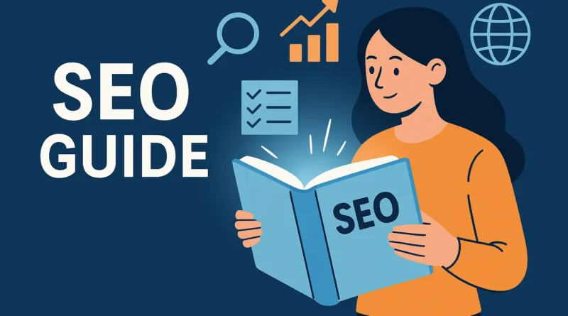 Illustration SEO Guide: Frau hält offenes SEO-Buch, umgeben von Icons wie Lupe, Diagramm, Checkliste und Globus.