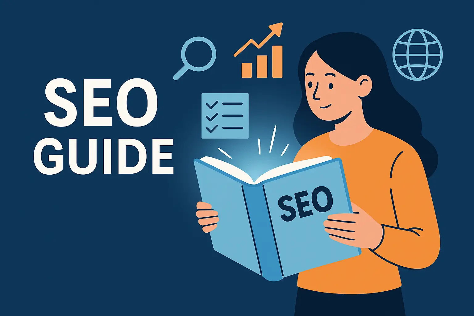Illustration SEO Guide: Frau hält offenes SEO-Buch, umgeben von Icons wie Lupe, Diagramm, Checkliste und Globus.