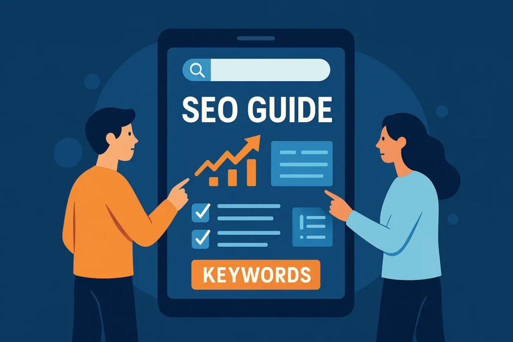 Illustration SEO Guide: Zwei Personen zeigen auf ein großes digitales Tablet mit SEO-Inhalten, Diagramm, Checkliste und Keywords.
