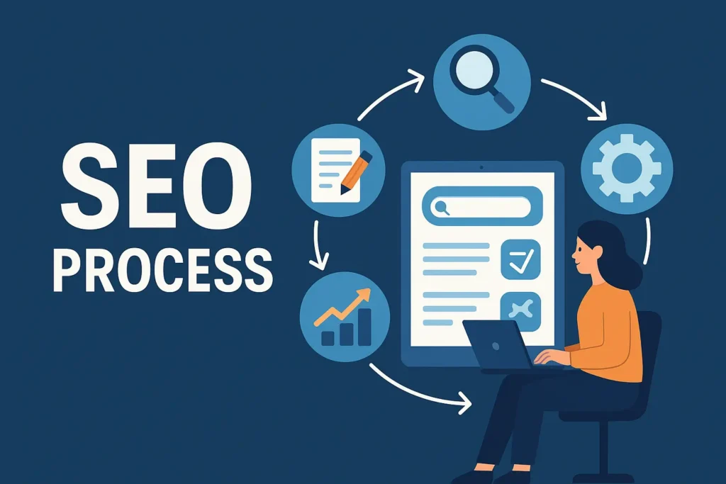 Illustration SEO Process: Frau zeigt auf Stufenmodell mit den Schritten Keywords, Content, Optimierung, Linkbuilding und Analyse.