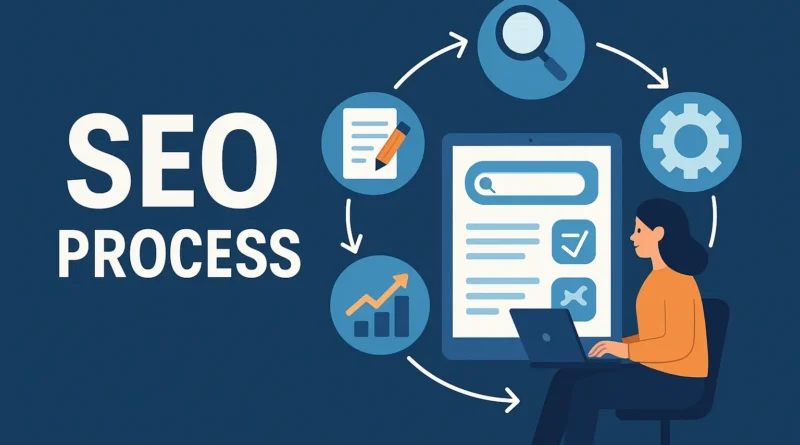 Illustration SEO Process: Frau zeigt auf Stufenmodell mit den Schritten Keywords, Content, Optimierung, Linkbuilding und Analyse.