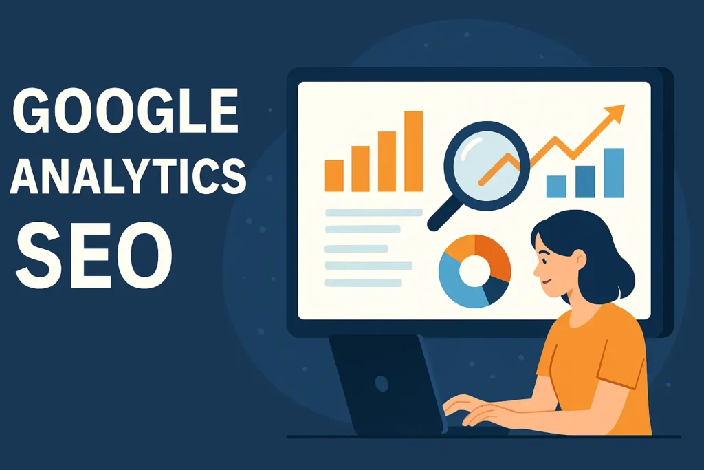 Illustration Google Analytics SEO: Frau am Laptop analysiert Diagramme auf großem Bildschirm mit Balken-, Linien- und Kreisdiagramm.