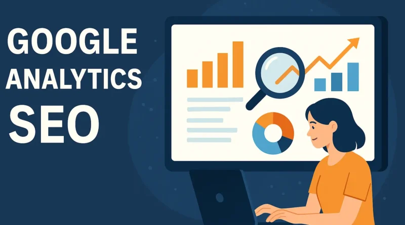 Illustration Google Analytics SEO: Frau am Laptop analysiert Diagramme auf großem Bildschirm mit Balken-, Linien- und Kreisdiagramm.