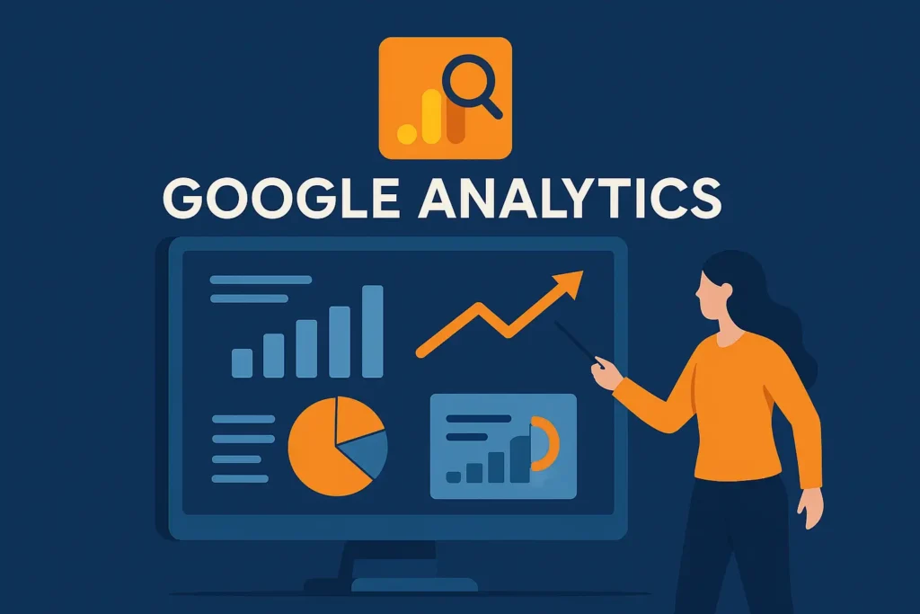 Illustration Google Analytics SEO: Frau zeigt mit Pointer auf Monitor mit Balkendiagramm, Kreisdiagramm und Aufwärtstrend, Google-Analytics-Logo darüber.