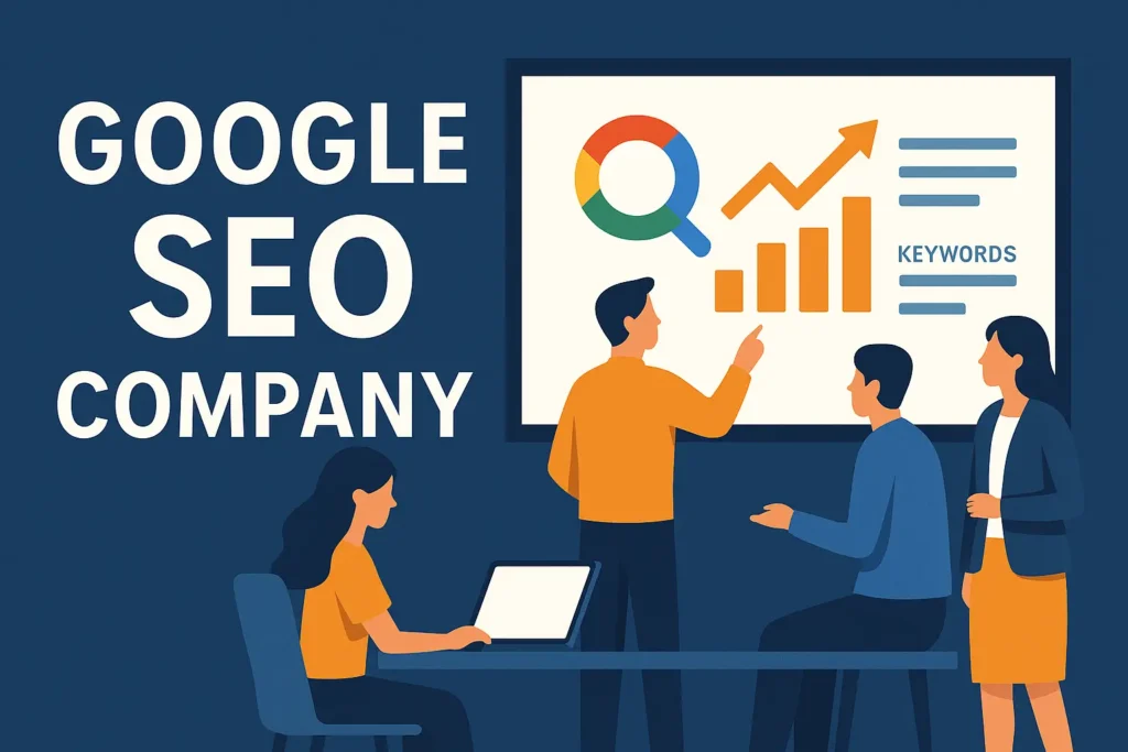 Illustration Google SEO Company: Team diskutiert vor Präsentationsscreen mit Balkendiagramm, Lupe, Aufwärtspfeil und Keywords.