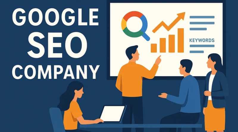 Illustration Google SEO Company: Team diskutiert vor Präsentationsscreen mit Balkendiagramm, Lupe, Aufwärtspfeil und Keywords.