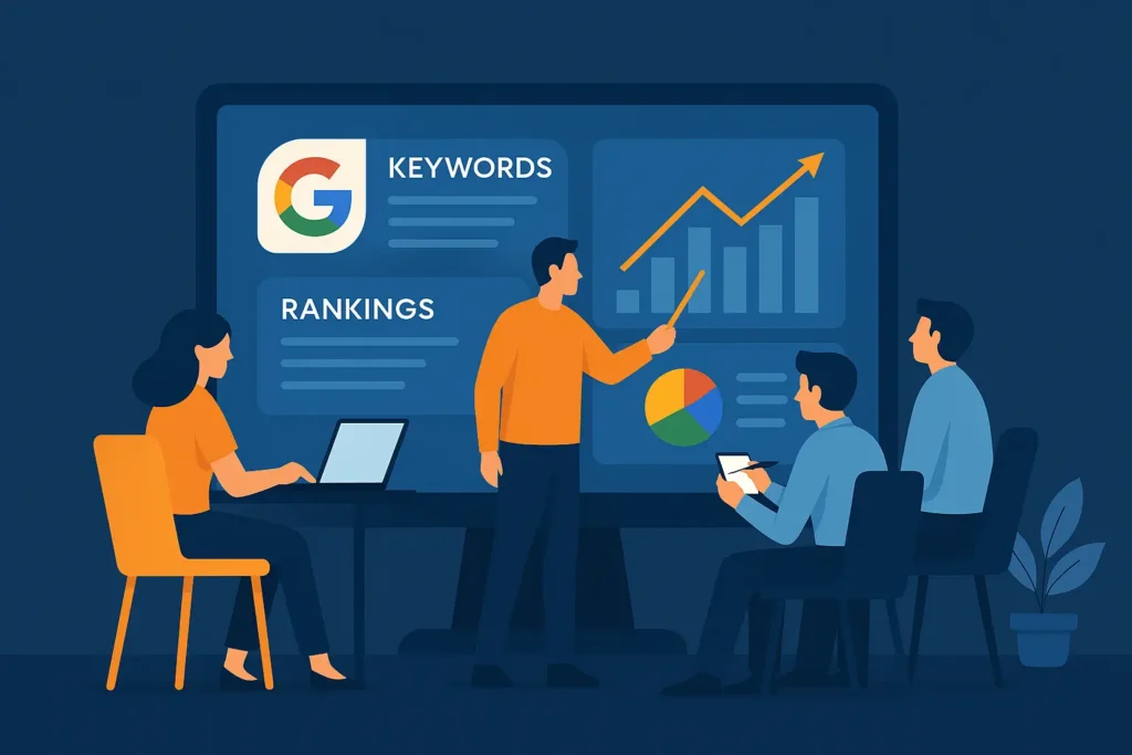 Illustration Google SEO Company: Drei Personen analysieren großes SEO-Dashboard mit Keywords, Rankings, Balken- und Kreisdiagramm.