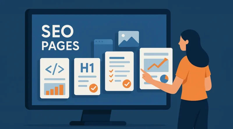Illustration SEO Pages: Frau zeigt auf Monitor mit mehreren Karten, die SEO-Elemente wie Code, H1, Checklisten und Traffic-Diagramme darstellen.