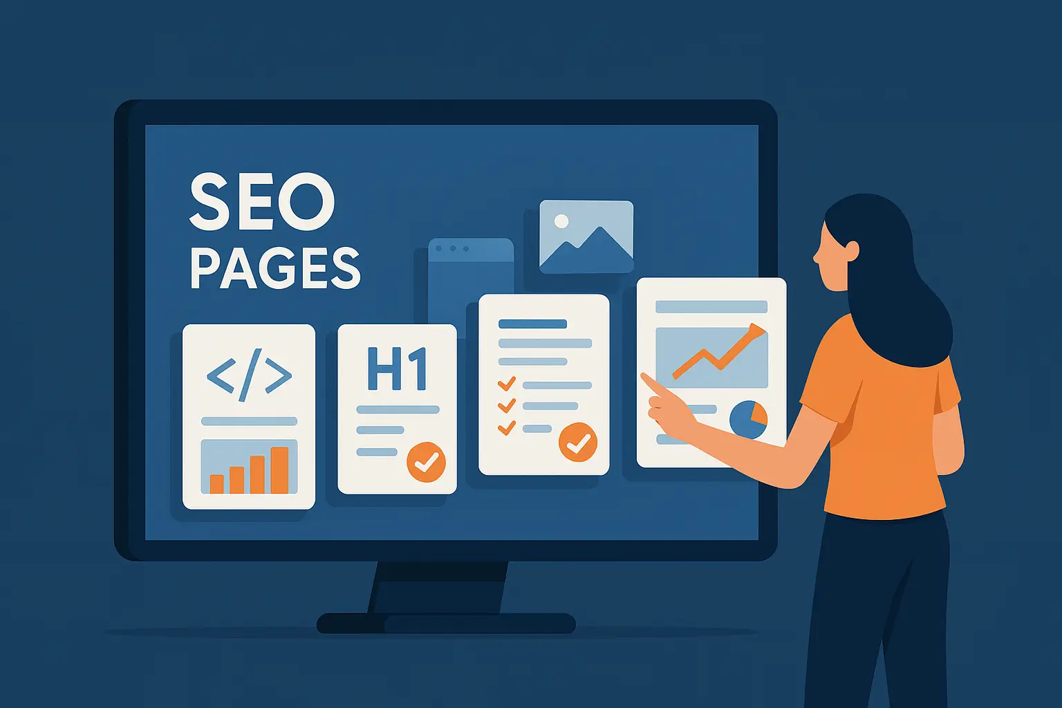 Illustration SEO Pages: Frau zeigt auf Monitor mit mehreren Karten, die SEO-Elemente wie Code, H1, Checklisten und Traffic-Diagramme darstellen.