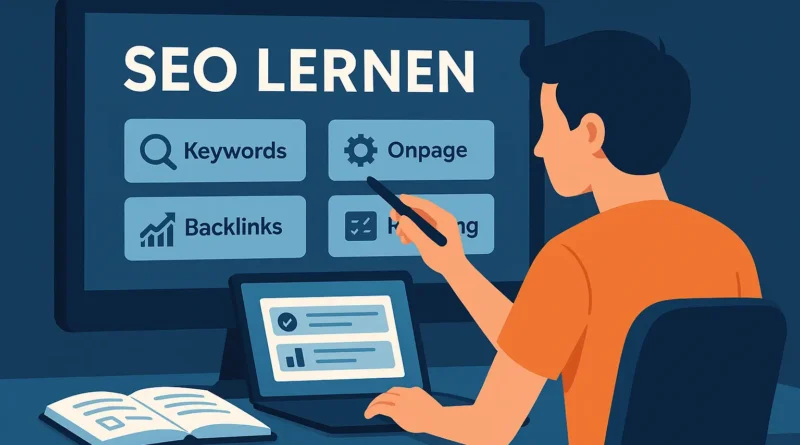 Illustration SEO Lernen: Mann am Schreibtisch nutzt E-Learning-Plattform auf Monitor mit Modulen zu Keywords, Onpage, Backlinks und Reporting.