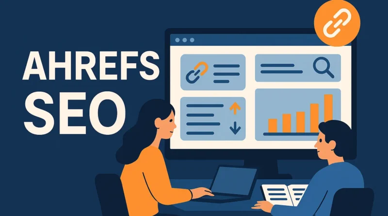 Illustration Ahrefs SEO: Zwei Personen analysieren Daten auf Monitor mit Backlink-Symbol, Keywords, Balkendiagramm und Such-Icon.