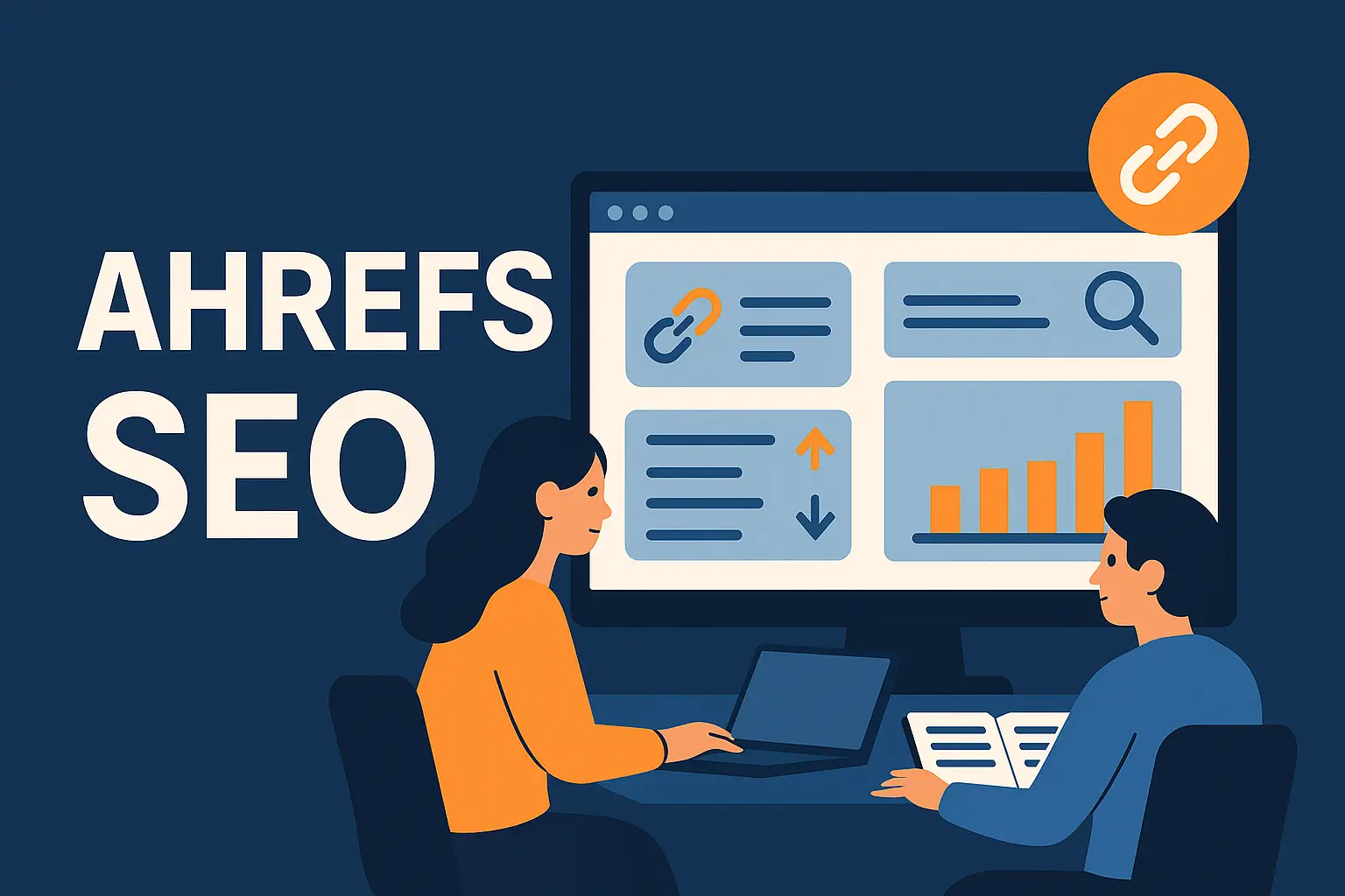 Illustration Ahrefs SEO: Zwei Personen analysieren Daten auf Monitor mit Backlink-Symbol, Keywords, Balkendiagramm und Such-Icon.