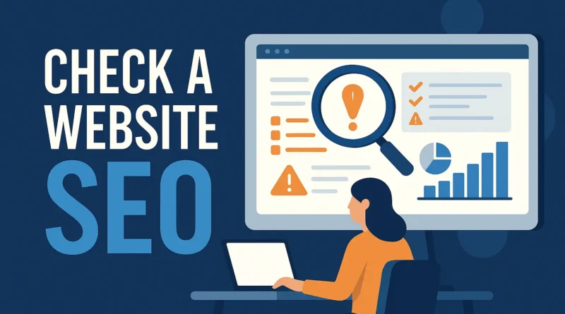 Illustration Check a Website SEO: Frau am Laptop analysiert Website auf Monitor mit Lupe, Warnsymbolen, Checkliste und Diagramm.