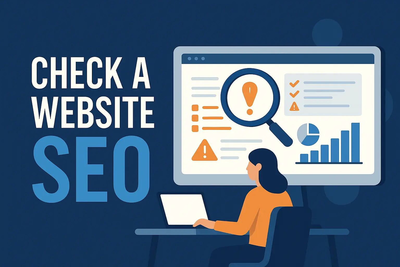 Illustration Check a Website SEO: Frau am Laptop analysiert Website auf Monitor mit Lupe, Warnsymbolen, Checkliste und Diagramm.