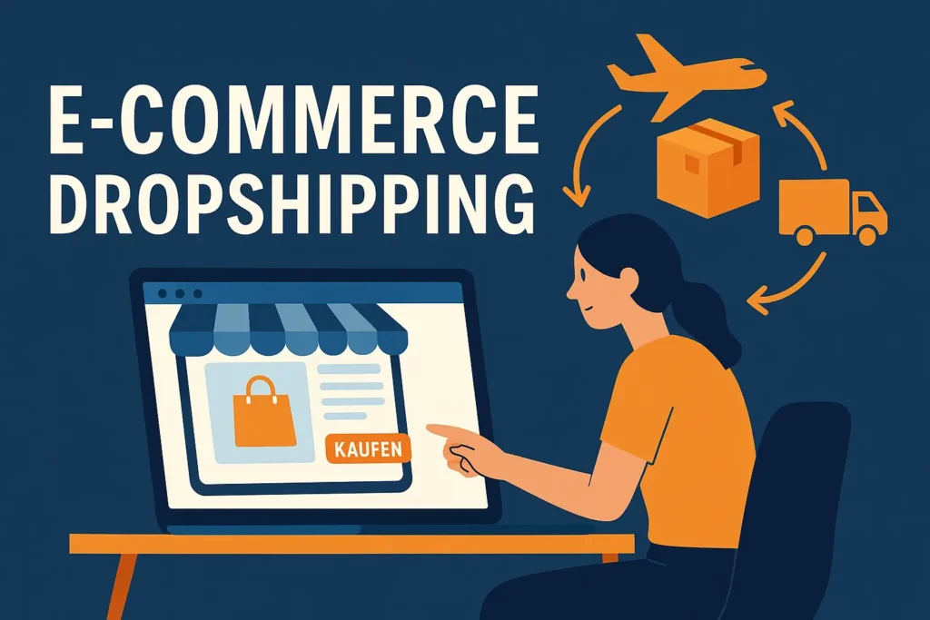 Illustration E-Commerce Dropshipping: Frau klickt im Online-Shop auf ‚Kaufen‘, daneben Symbole für Paket, LKW und Flugzeug.
