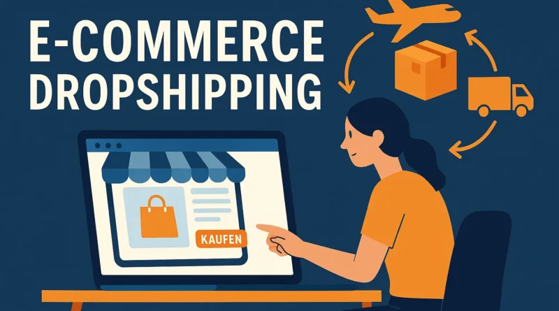 Illustration E-Commerce Dropshipping: Frau klickt im Online-Shop auf ‚Kaufen‘, daneben Symbole für Paket, LKW und Flugzeug.