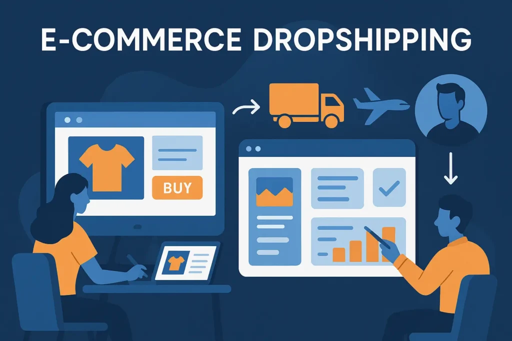 Illustration E-Commerce Dropshipping: Frau und Mann arbeiten an Online-Shop- und Logistik-Dashboard mit Icons für Versandkette und Produkte.