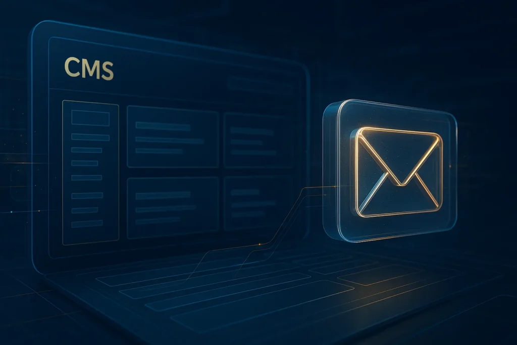Futuristische Visualisierung von CMS Mail: E-Mail-Symbol verschmilzt mit CMS-Dashboard in digitaler Umgebung