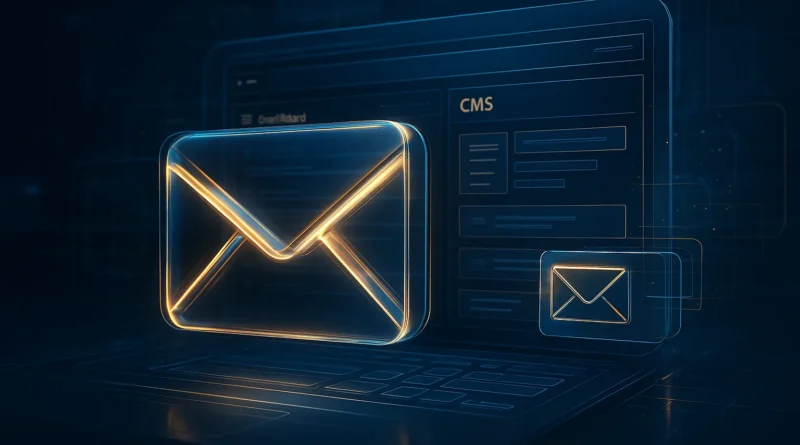 Futuristische Visualisierung von CMS Mail: E-Mail-Symbol verschmilzt mit CMS-Dashboard in digitaler Umgebung