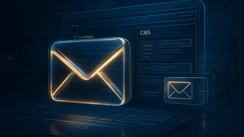 Futuristische Visualisierung von CMS Mail: E-Mail-Symbol verschmilzt mit CMS-Dashboard in digitaler Umgebung