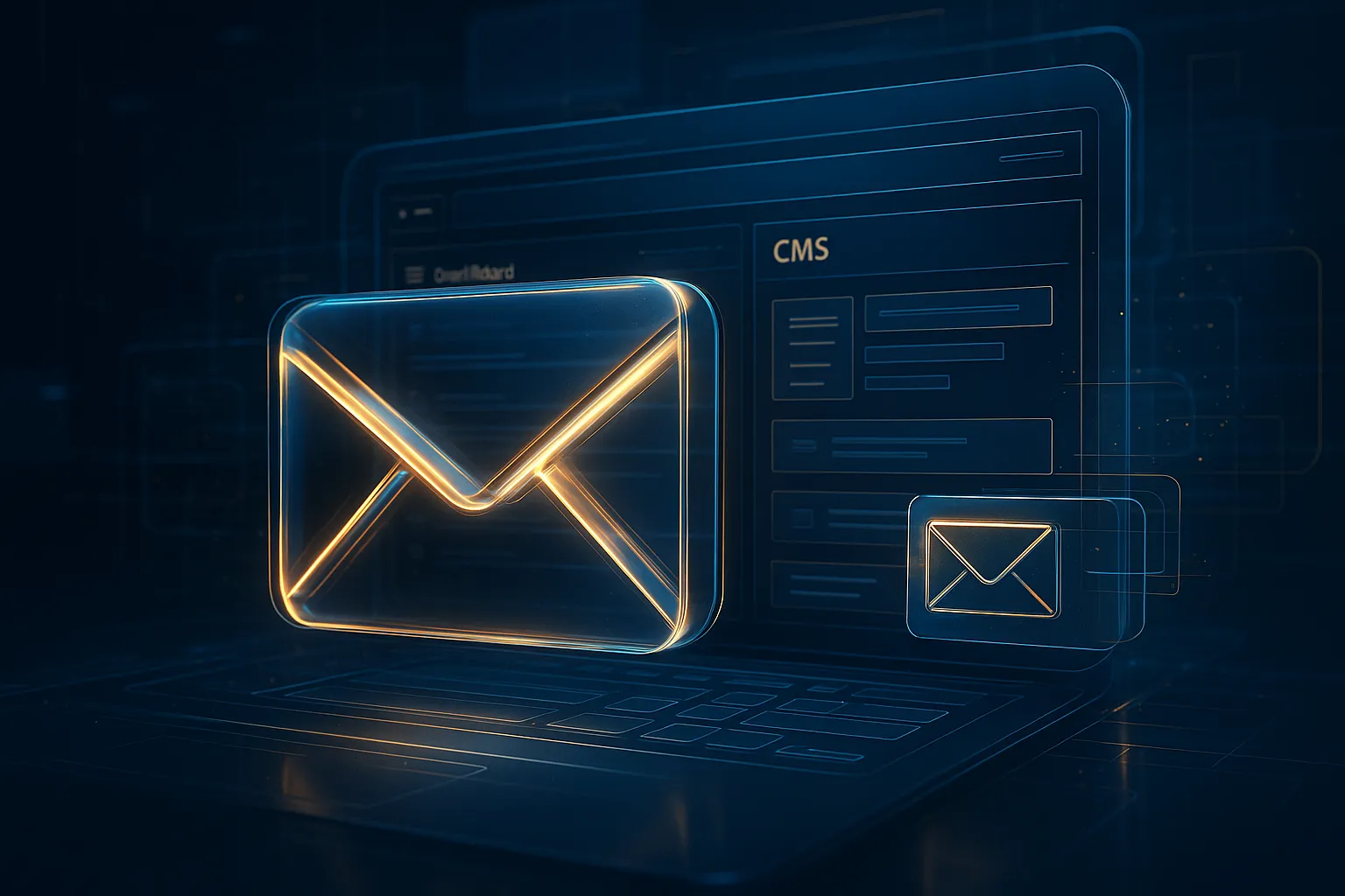 Futuristische Visualisierung von CMS Mail: E-Mail-Symbol verschmilzt mit CMS-Dashboard in digitaler Umgebung