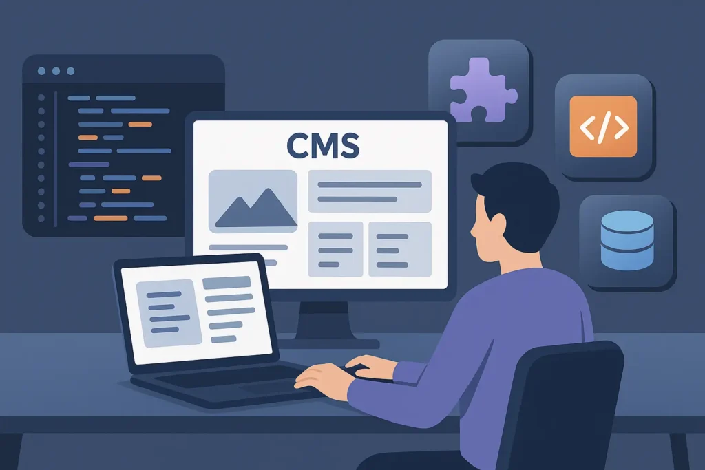 Illustration im Querformat: Entwickler arbeitet an CMS Oberfläche mit Laptop, Code und Pluginsymbolen