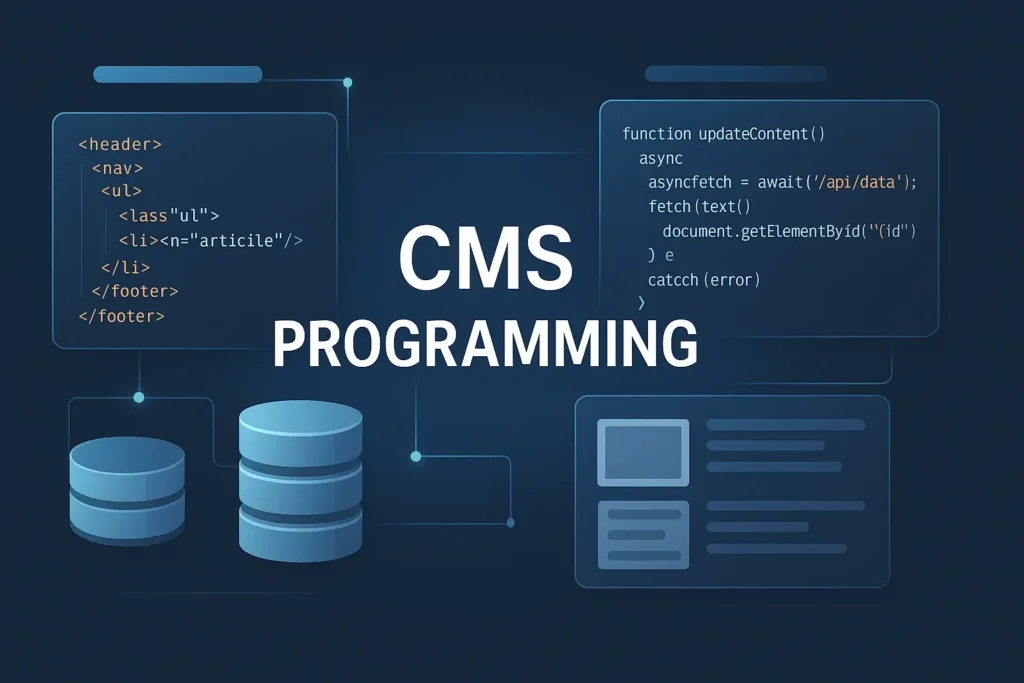 Titelbild im Querformat zur CMS Programmierung mit Code, Datenbanken und Interface-Elementen