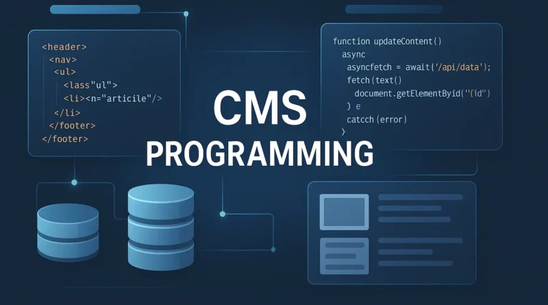 Titelbild im Querformat zur CMS Programmierung mit Code, Datenbanken und Interface-Elementen