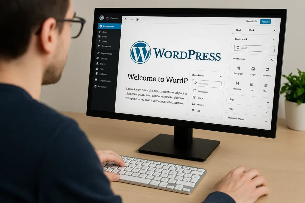 Foto im Querformat: Person arbeitet im WordPress-Dashboard mit Editor und Block-Elementen auf großem Monitor